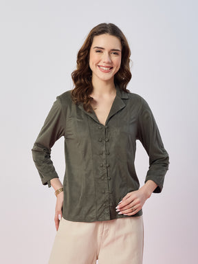 Latin Quarters Women's Green Solid 3/4th Sleeves Collar Neck Casual Shirt