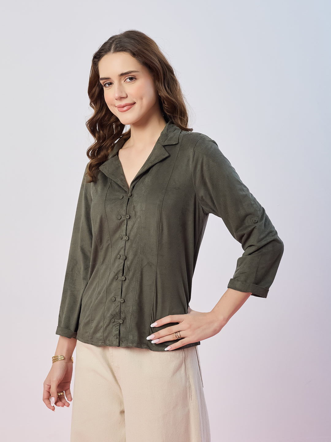 Latin Quarters Women's Green Solid 3/4th Sleeves Collar Neck Casual Shirt