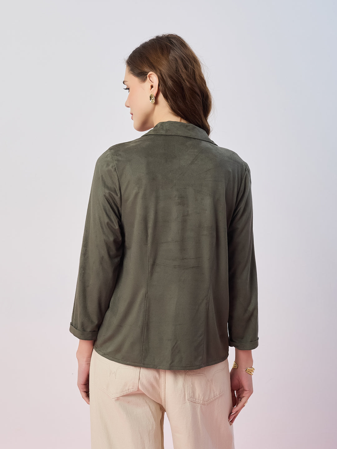 Latin Quarters Women's Green Solid 3/4th Sleeves Collar Neck Casual Shirt