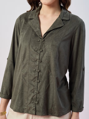 Latin Quarters Women's Green Solid 3/4th Sleeves Collar Neck Casual Shirt