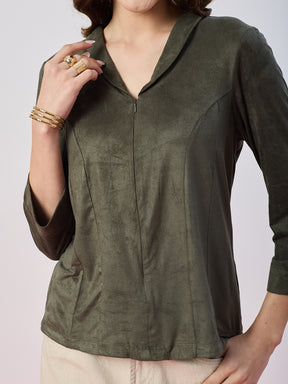 Latin Quarters Women's Green Solid 3/4th Sleeves V-Neck Casual Top