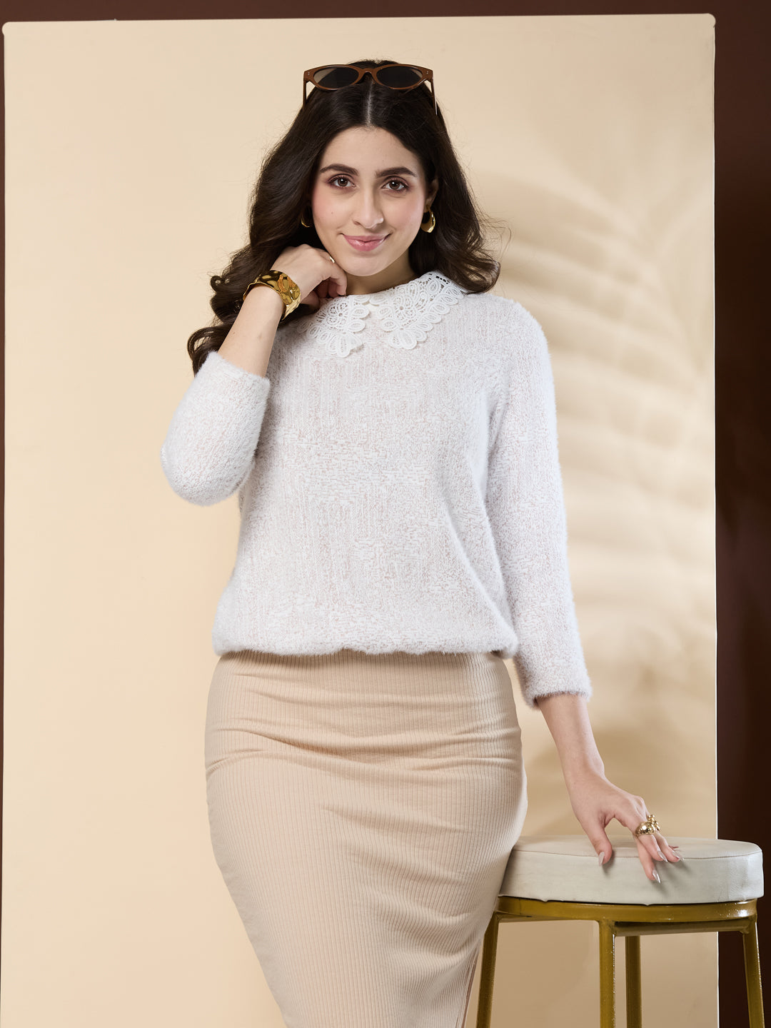 Latin Quarters Women's Fur Off White 3/4th Sleeve Collar Neck Casual Sweater