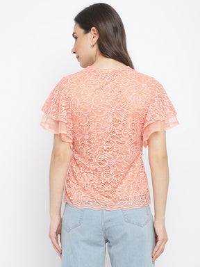Peach Half Sleeve top with Lace
