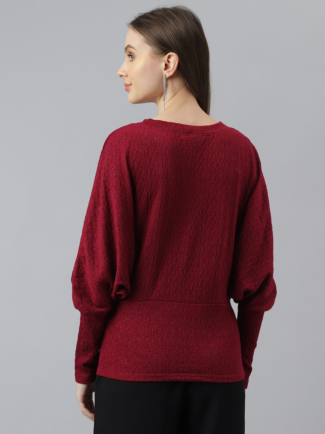 Maroon Full Sleeve Round Neck Women Knit Top for Casual