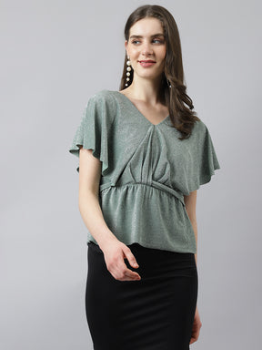 Latin Quarters Women'S Green Solid V-Neck Cap Sleeve Party Top