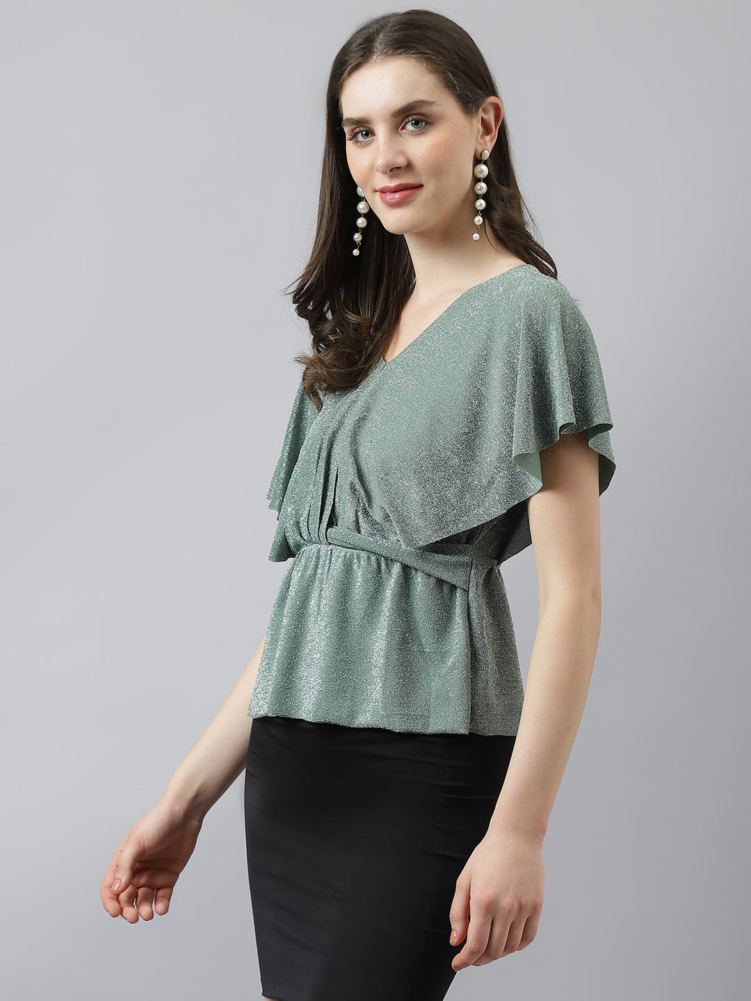 Latin Quarters Women'S Green Solid V-Neck Cap Sleeve Party Top