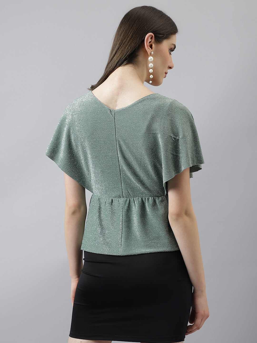 Latin Quarters Women'S Green Solid V-Neck Cap Sleeve Party Top