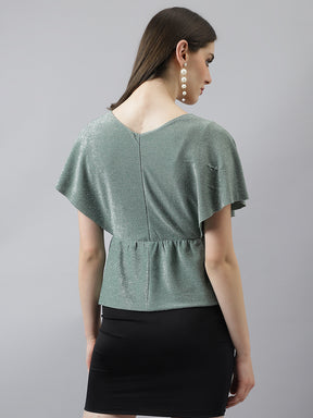 Latin Quarters Women'S Green Solid V-Neck Cap Sleeve Party Top