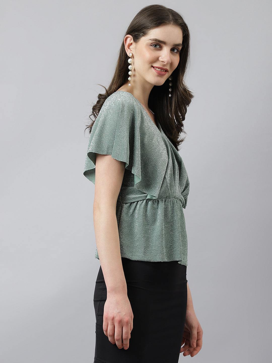 Latin Quarters Women'S Green Solid V-Neck Cap Sleeve Party Top