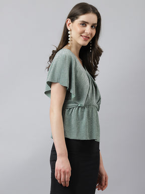 Latin Quarters Women'S Green Solid V-Neck Cap Sleeve Party Top