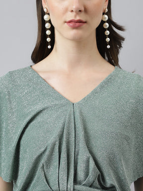 Latin Quarters Women'S Green Solid V-Neck Cap Sleeve Party Top