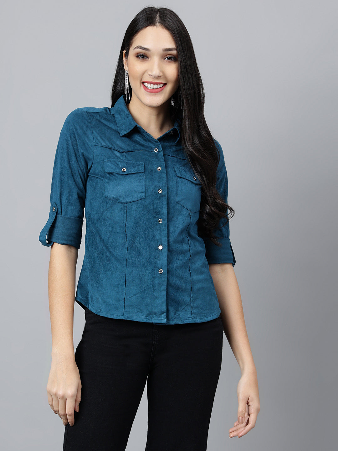 Teal Solid 3/4 Sleeve Casual Knit Top
