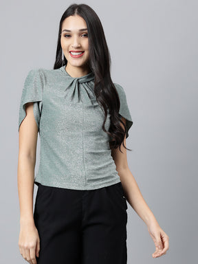 Green Solid Half Sleeve Party Knit Top