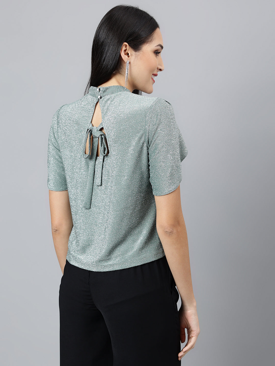 Green Solid Half Sleeve Party Knit Top