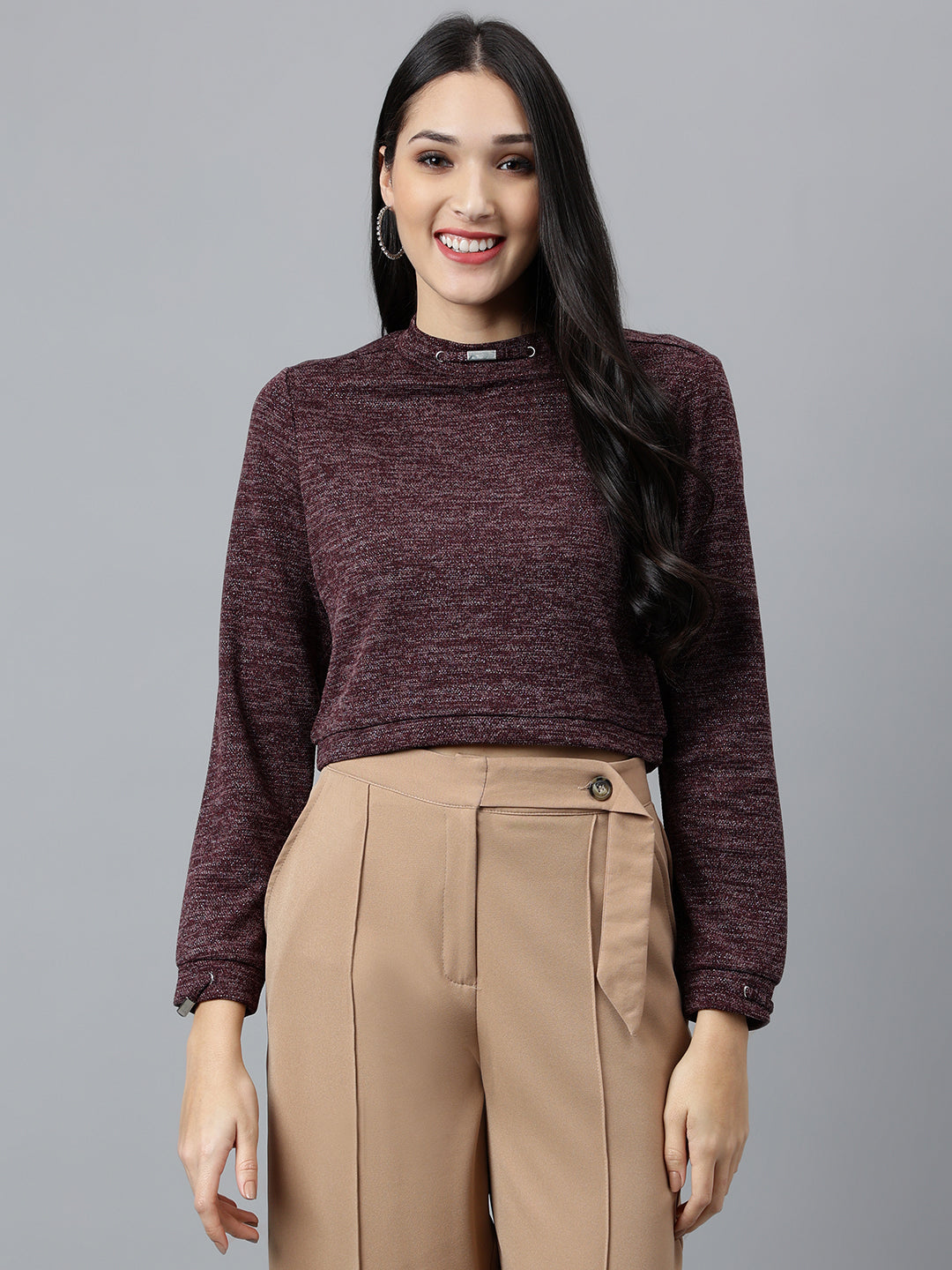 Red Solid Full Sleeve Casual Knit Top