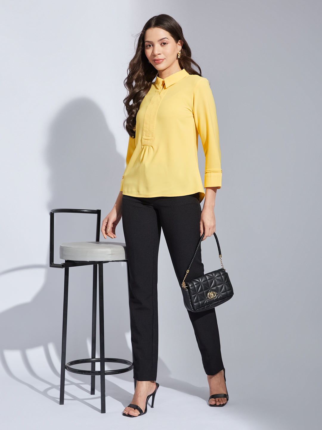 Latin Quarters Women Yellow Collared 3/4Th Sleeves Solid Top Blouse For Casual Wear