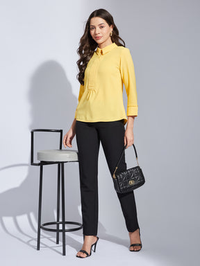 Latin Quarters Women Yellow Collared 3/4Th Sleeves Solid Top Blouse For Casual Wear