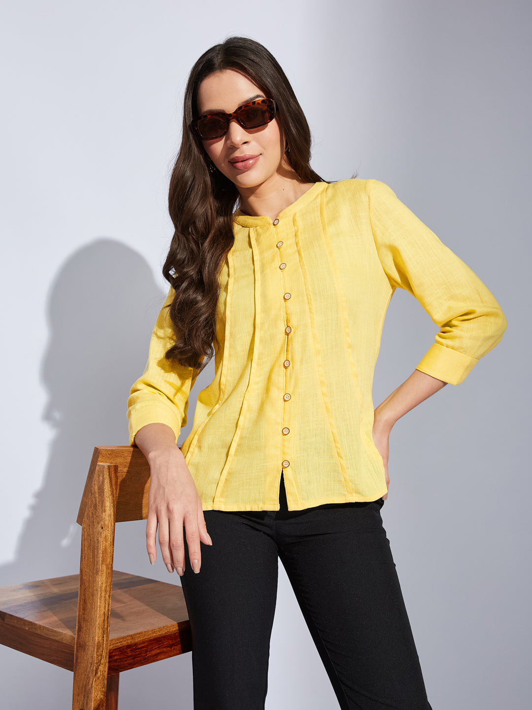 Latin Quarters Women Yellow Mandarin 3/4Th Sleeves Solid Shirt Blouse For Casual Wear