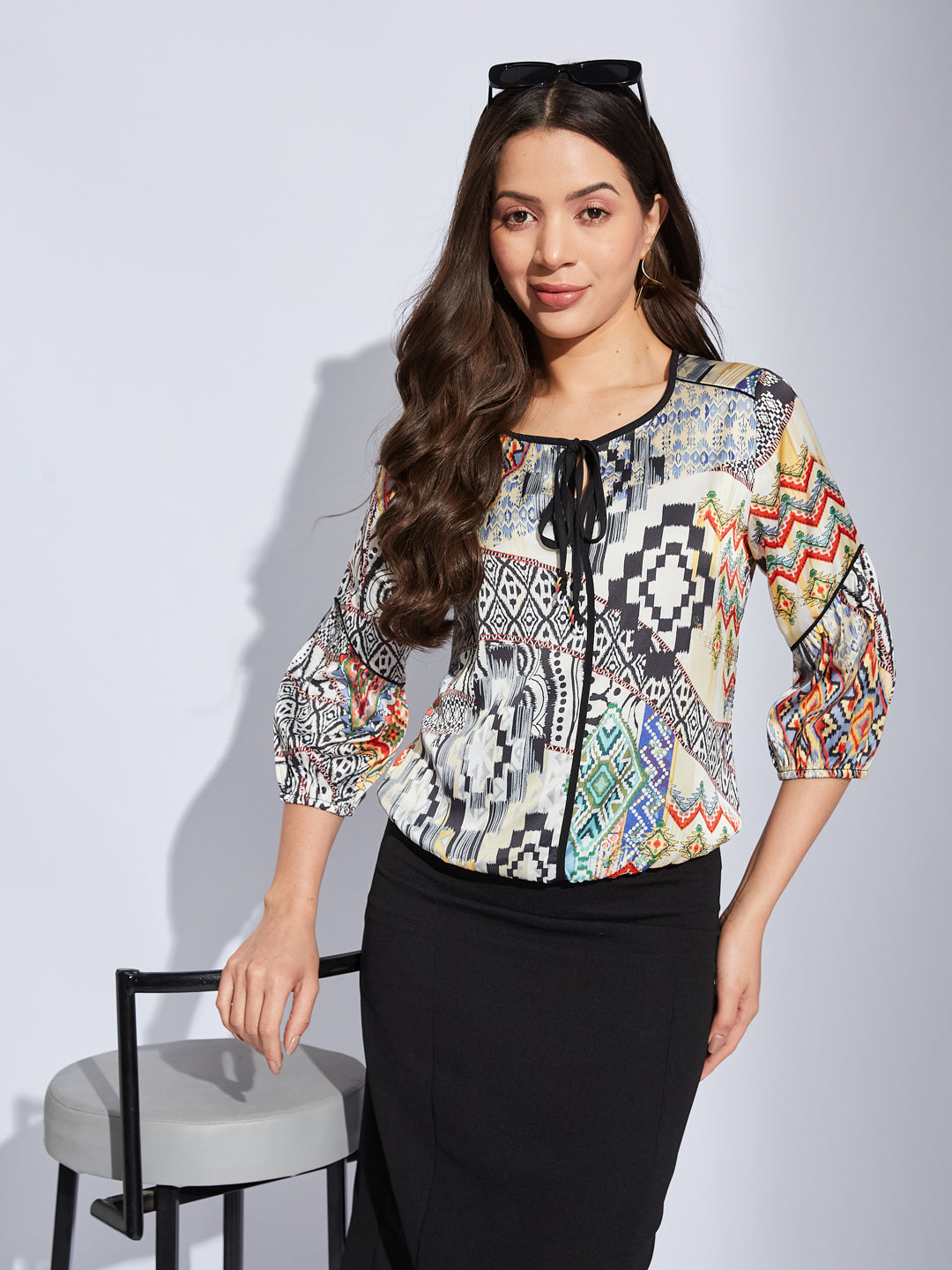 Latin Quarters Women Black Tie-Up Neck 3/4Th Sleeves Printed Top Blouse For Casual Wear