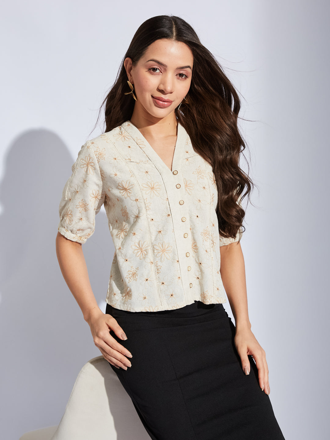 Latin Quarters Women Beige V-Neck Half Sleeves Printed Shirt Blouse For Casual Wear
