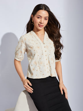 Latin Quarters Women Beige V-Neck Half Sleeves Printed Shirt Blouse For Casual Wear