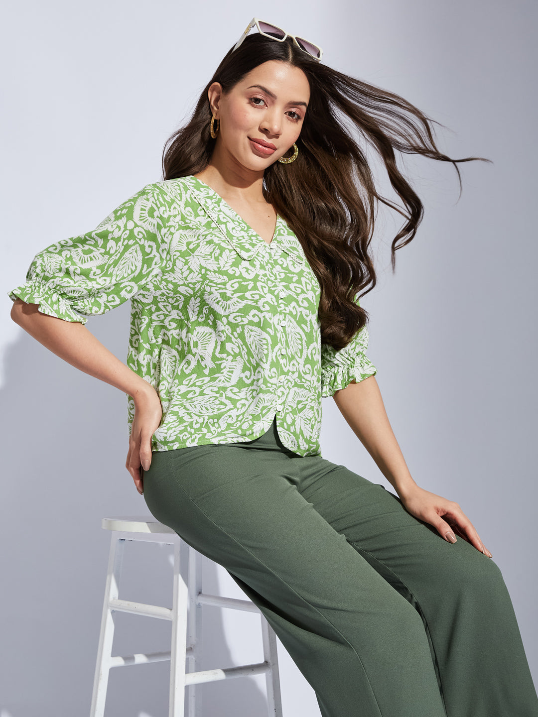 Latin Quarters Women Green Collared Half Sleeves Printed Shirt Blouse For Casual Wear