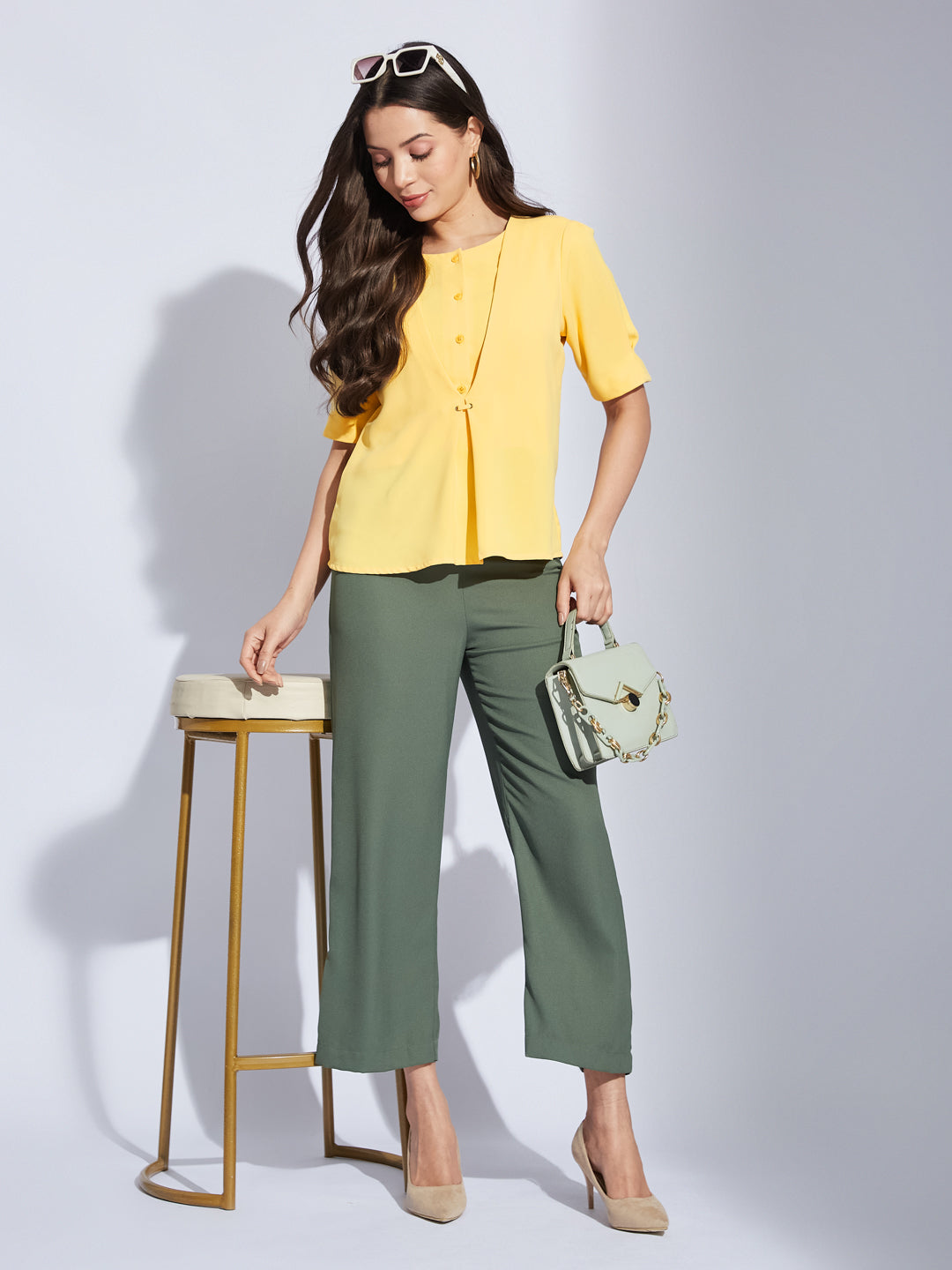 Latin Quarters Women Yellow Round Neck Half Sleeves Solid Top Blouse For Casual Wear