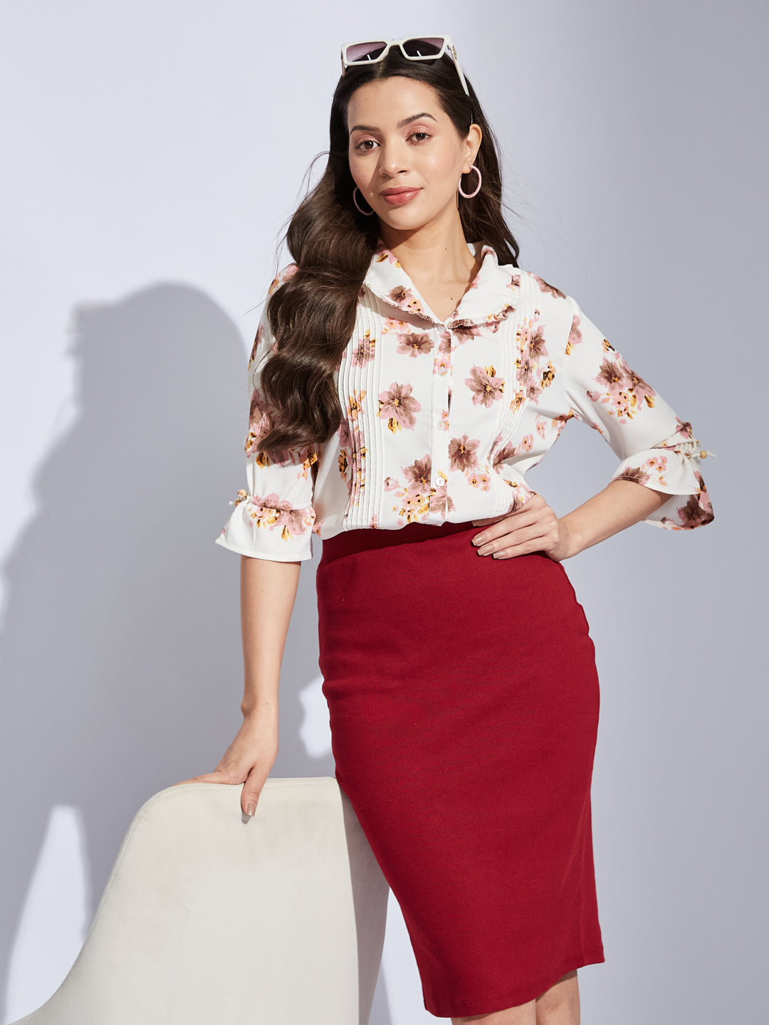 Latin Quarters Women Ivory Collared 3/4Th Sleeves Printed Shirt Blouse For Casual Wear