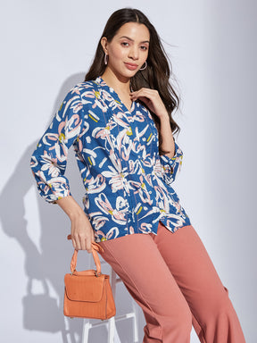 Latin Quarters Women Blue V-Neck 3/4Th Sleeves Printed Tunic Blouse For Casual Wear