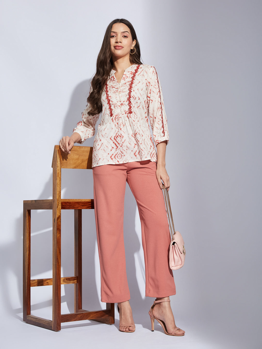 Latin Quarters Women Rust V-Neck 3/4Th Sleeves Printed Tunic Blouse For Casual Wear