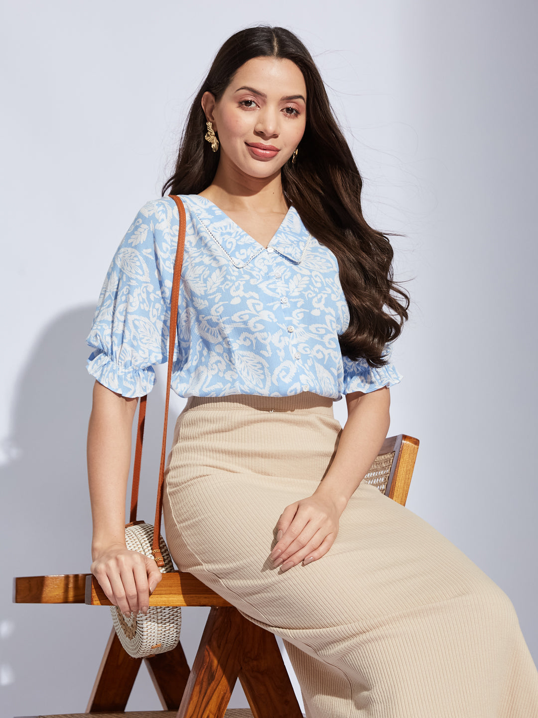 Latin Quarters Women Blue Collared Half Sleeves Printed Shirt Blouse For Casual Wear