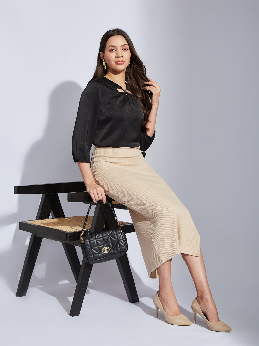 Latin Quarters Women Black Tie-Up Neck 3/4Th Sleeves Solid Top Blouse For Party Wear