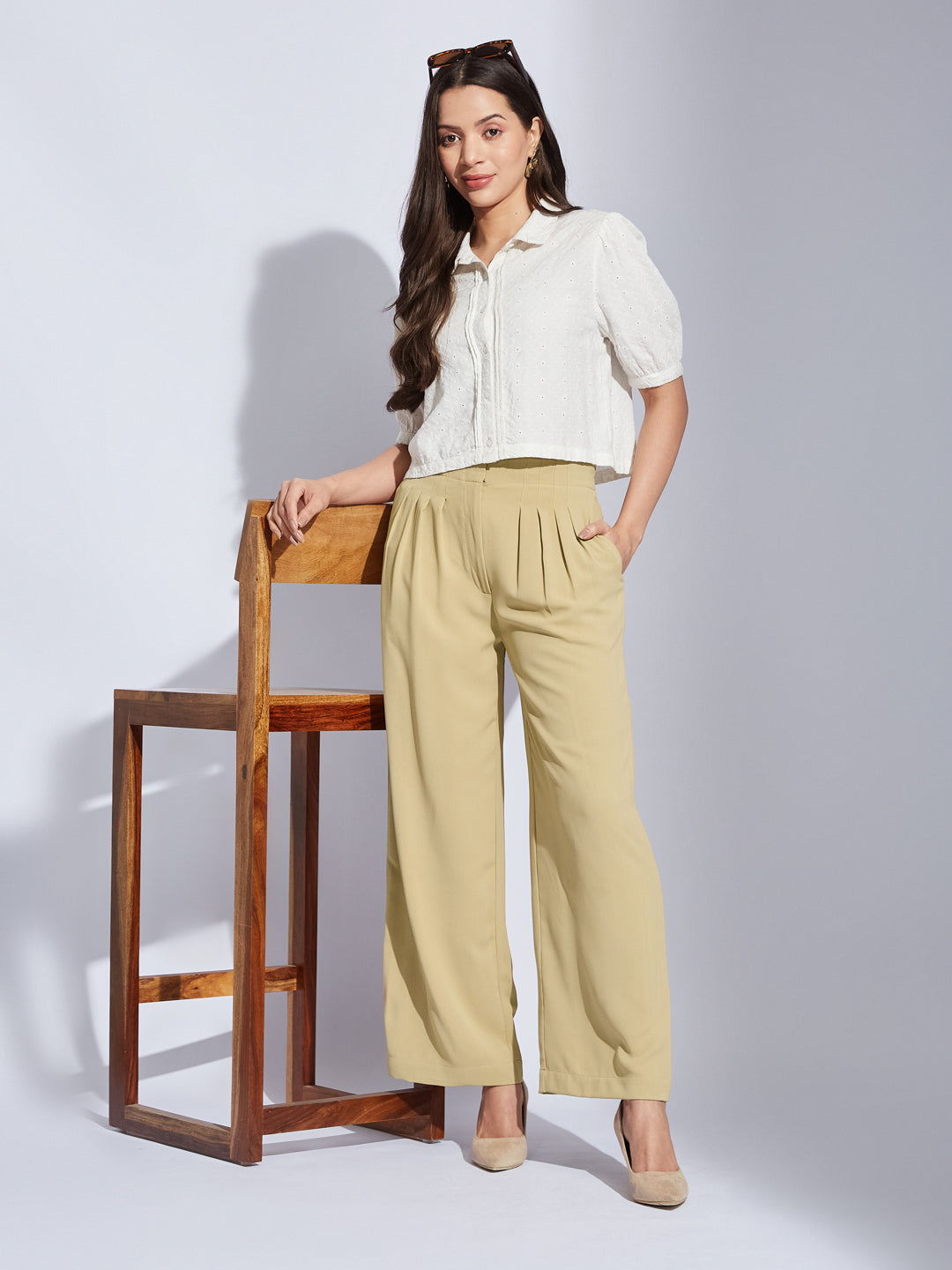 Latin Quarters Women Beige High Rise Solid Trouser Pant For Casual