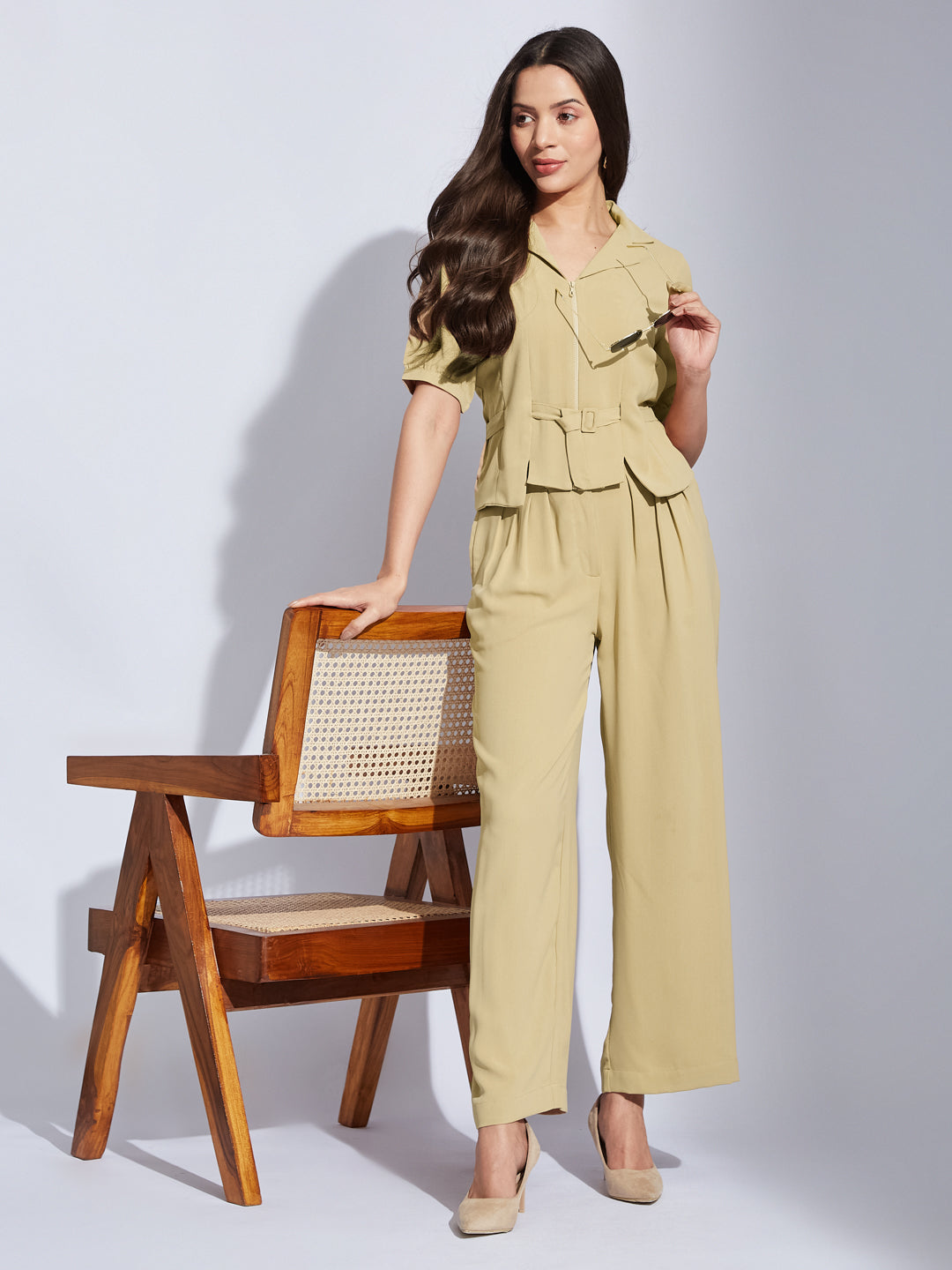 Latin Quarters Women Beige Collared Half Sleeves Solid Top Blouse