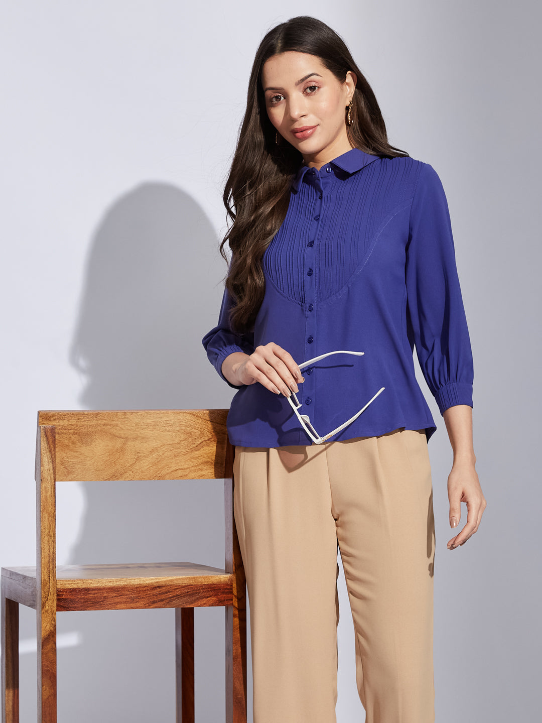 Latin Quarters Women Blue Collared 3/4Th Sleeves Solid Shirt Blouse For Casual Wear