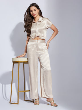 Latin Quarters Women Beige Collared Short Sleeve Striped Cordset Dress For Casual Wear