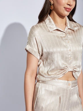 Latin Quarters Women Beige Collared Short Sleeve Striped Shirt Blouse For Casual Wear