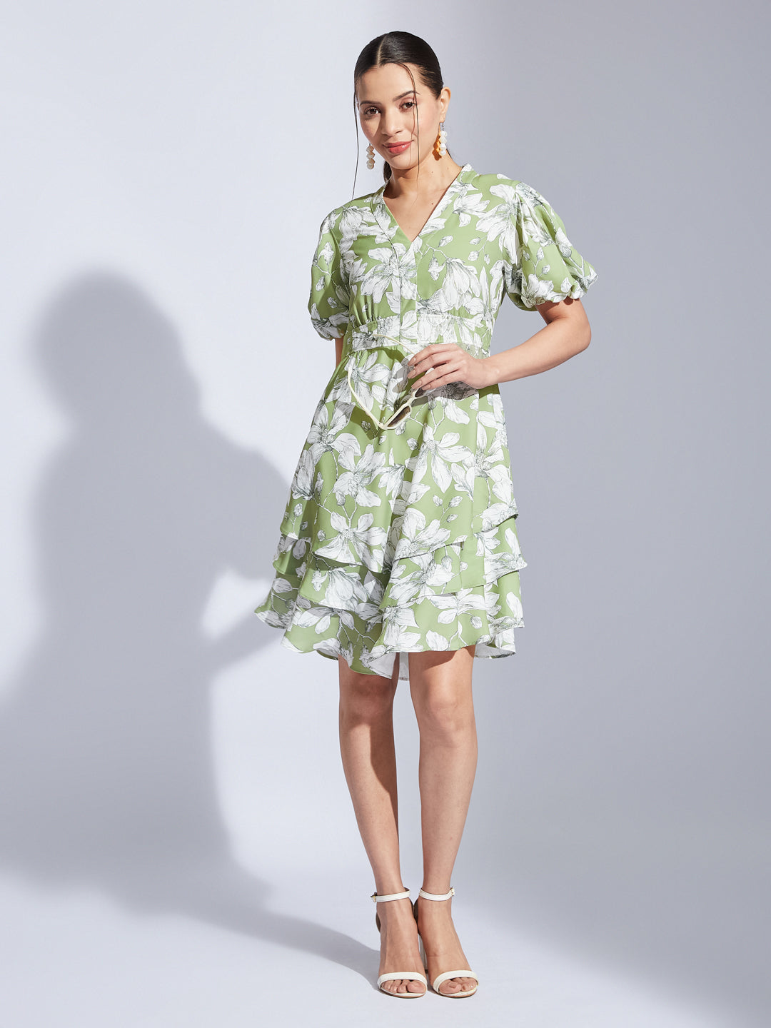 Latin Quarters Women Green V-Neck Half Sleeves Printed A-Line Dress For Casual Wear