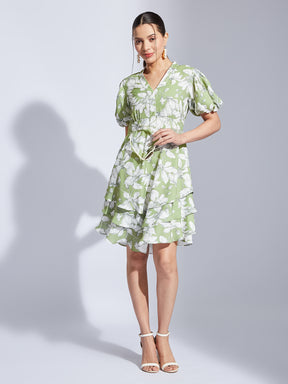 Latin Quarters Women Green V-Neck Half Sleeves Printed A-Line Dress For Casual Wear