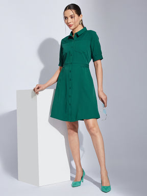 Latin Quarters Women Green Collared Neck Half Sleeves Solid Shirt Dress
