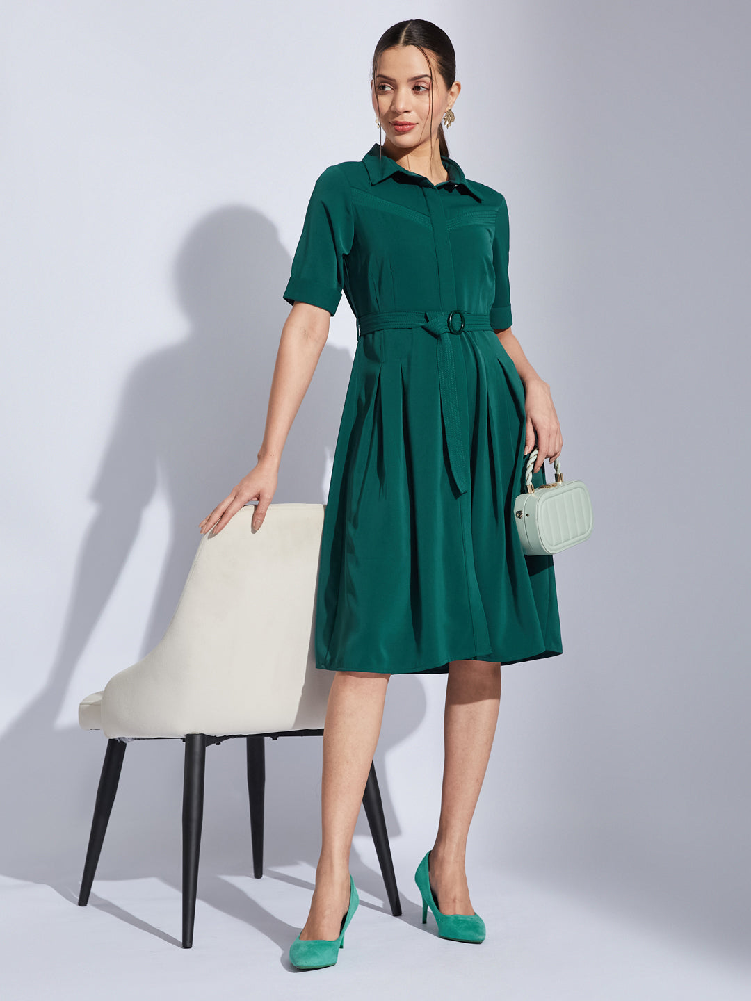 Latin Quarters Women Green Collared Neck Half Sleeves Solid Shirt Dress For Casual