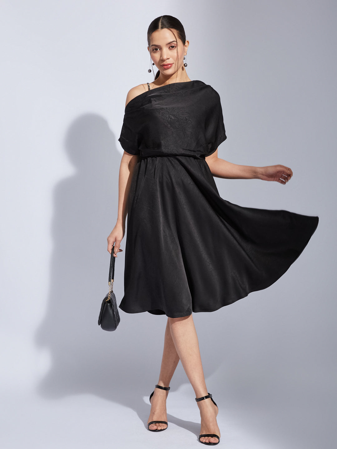 Latin Quarters Women Black One Shoulder Half Sleeves Solid Fit & Flare Dress For Party Wear