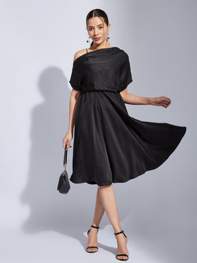 Latin Quarters Women Black One Shoulder Half Sleeves Solid Fit & Flare Dress For Party Wear