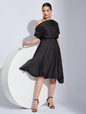 Latin Quarters Women Black One Shoulder Half Sleeves Solid Fit & Flare Dress For Party Wear