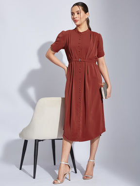 Latin Quarters Women Rust Mandarin Short Sleeve Solid A-Line Dress For Casual Wear