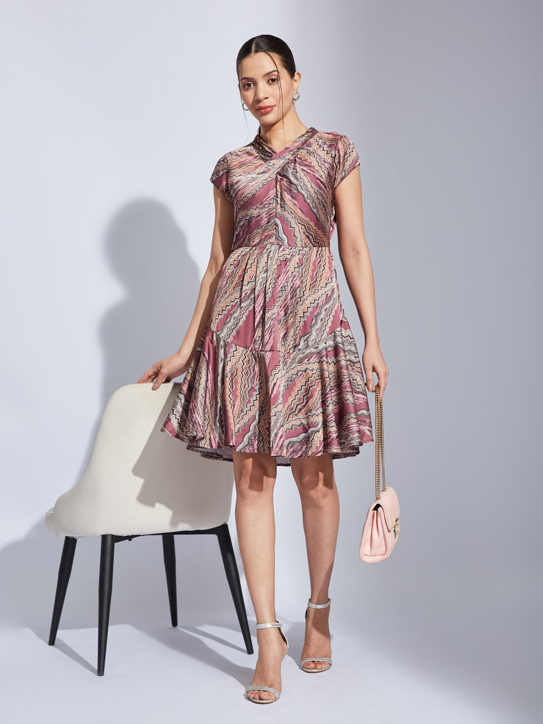 Latin Quarters Women Pink V-Neck Cap Sleeve Printed Fit & Flare Dress For Casual Wear