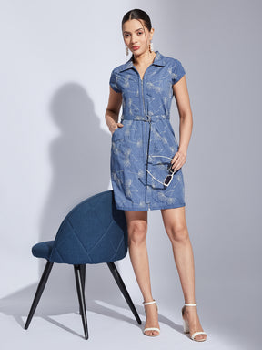 Latin Quarters Women Blue Collared Cap Sleeve Embroidery A-Line Dress For Casual Wear