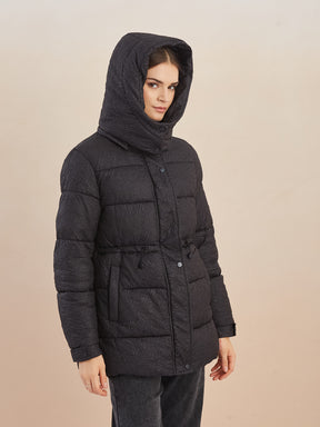 Latin Quarters Women Black Textured Detachable Hooded Full Sleeve Casual Puffer Jacket