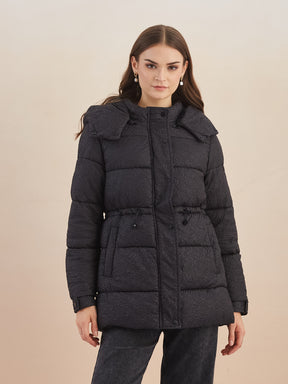 Latin Quarters Women Black Textured Detachable Hooded Full Sleeve Casual Puffer Jacket