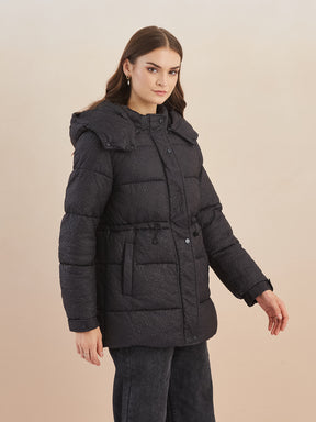 Latin Quarters Women Black Textured Detachable Hooded Full Sleeve Casual Puffer Jacket